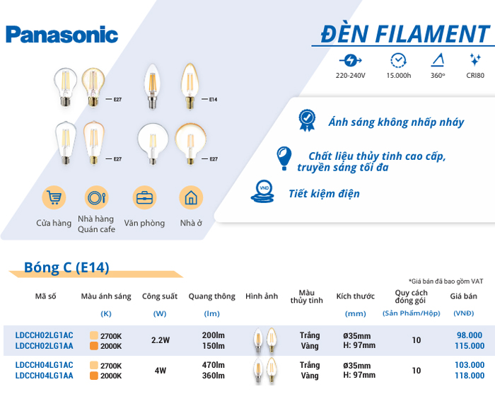 Bóng đèn dây tóc Edison Panasonic nhót C35 E14