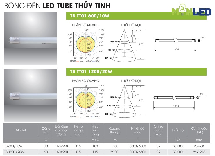 Đèn LED Tuýp T8 Rạng Đông thủy tinh TT01