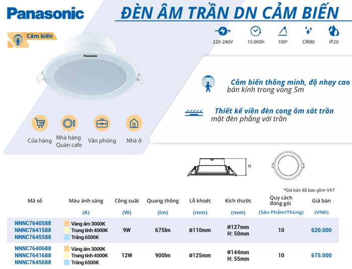 Đèn LED âm trần DN cảm biến Panasonic