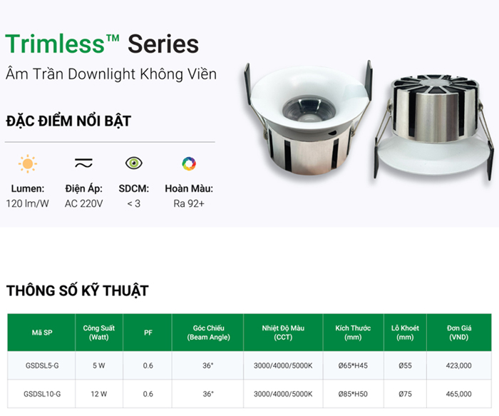 Đèn LED âm trần Downlight GS không viền GSDSL-G