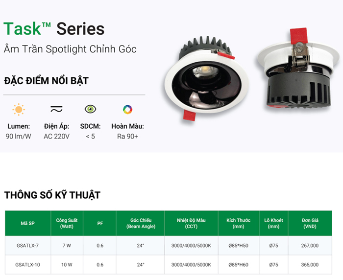 Đèn LED âm trần GS chiếu điểm Luxury GSATLX Đèn LED âm trần GS chiếu điểm Luxury GSATLX