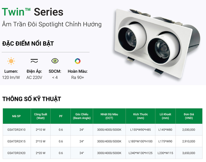 Đèn LED âm trần GS chiếu điểm kéo xoay vuông đôi GSATDR