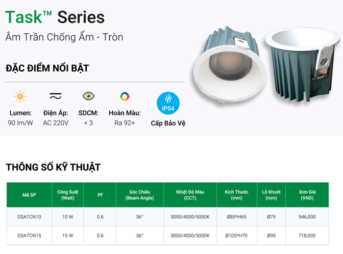 Đèn LED âm trần GS chống ẩm tròn GSATCN-T