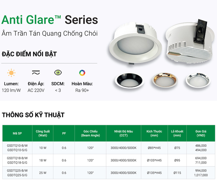 Đèn LED âm trần GS tán quang GSDTQ