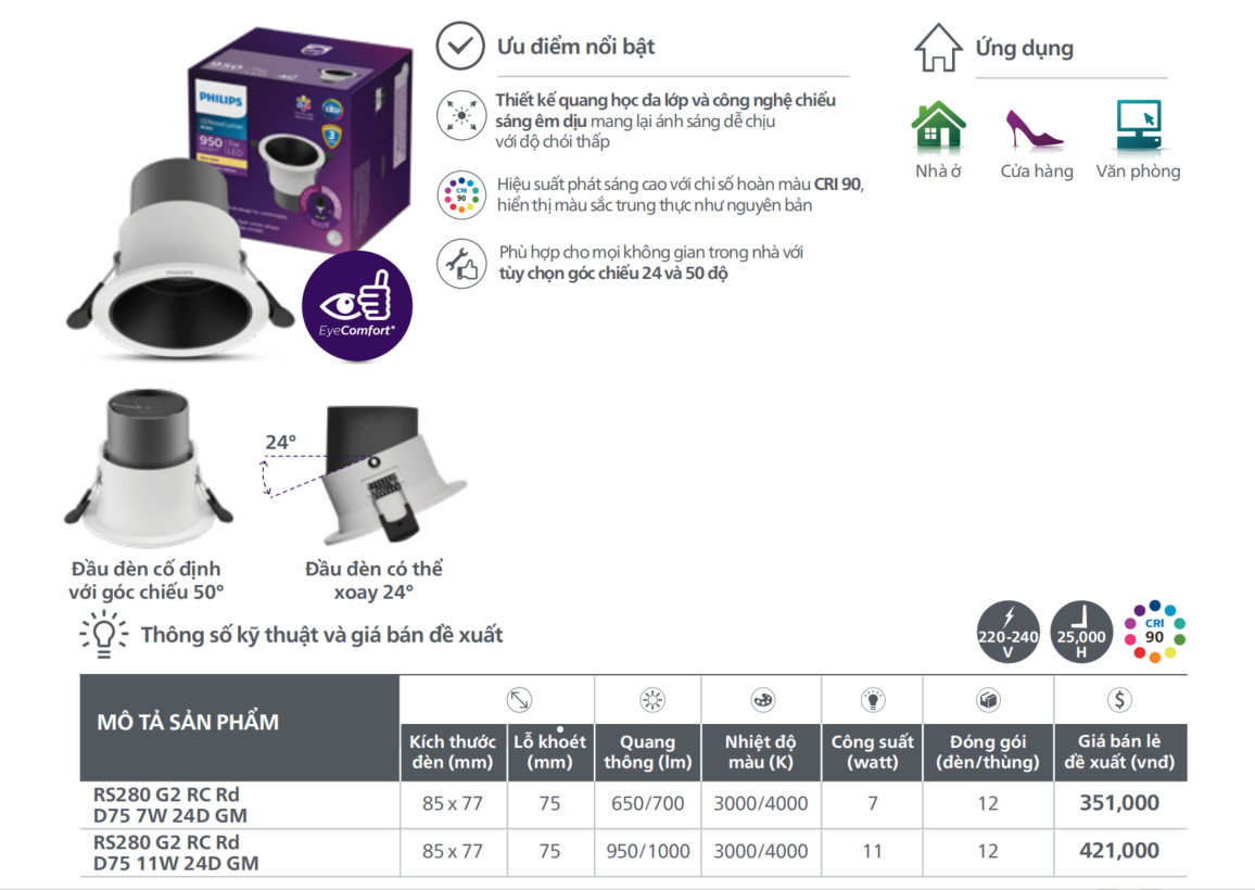 Đèn LED âm trần Philips chiếu điểm RS280