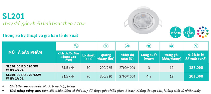 Đèn LED âm trần Philips chiếu điểm SL201