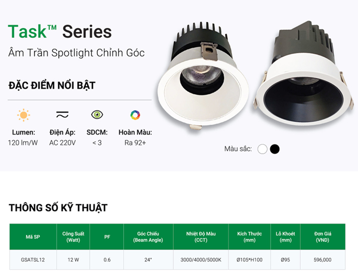Đèn LED âm trần Spotlight GS chỉnh góc GSATSL12