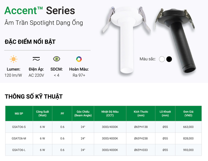 Đèn LED âm trần Spotlight GS dạng ống GSATO