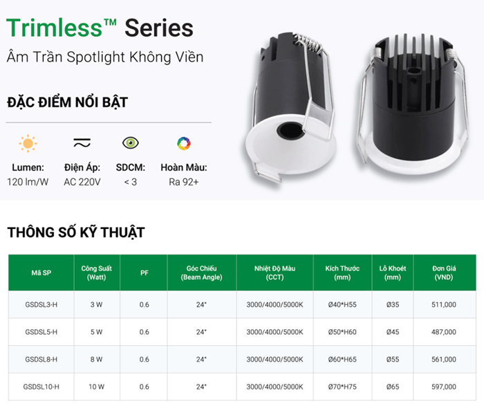 Đèn LED âm trần Spotlight GS không viền GSDSL-H