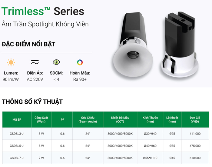 Đèn LED âm trần Spotlight GS không viền GSDSL-J