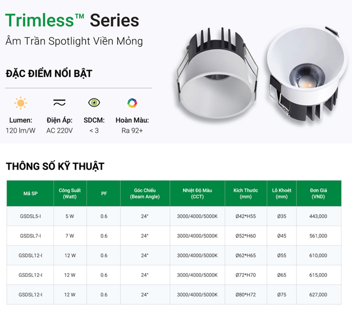 Đèn LED âm trần Spotlight GS viền mỏng GSDSL-I