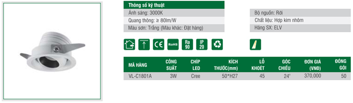 Đèn LED âm trần chiếu điểm ELV VL-C1801A