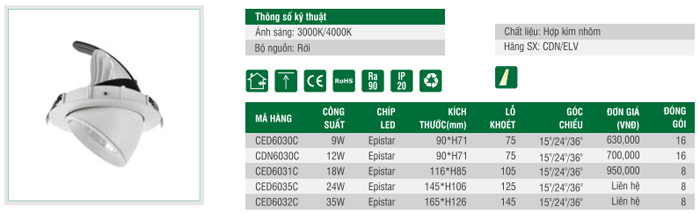 Đèn LED âm trần chiếu điểm xoay 360° ELV CED