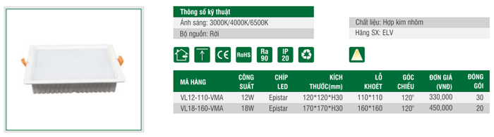 Đèn LED âm trần tán quang ELV vuông VMA