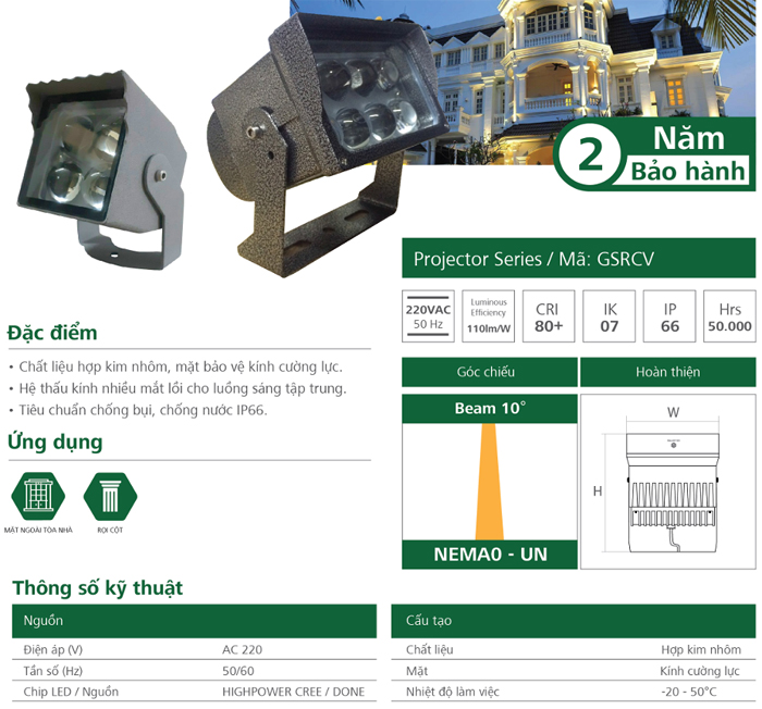 Đèn LED chiếu điểm rọi cột GSRCV vuông