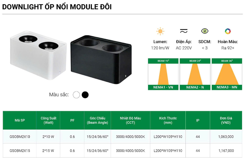 Den LED ong bo chieu roi GS vuong GSOBM doi 2