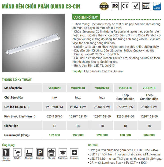 Máng đèn tuýp T8 thép phản quang VO Lighting
