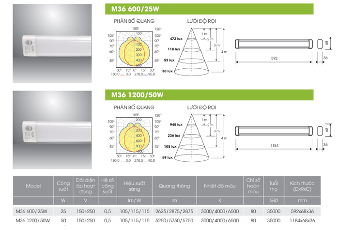 Bộ đèn tuýp LED bán nguyệt Rạng Đông M36 đơn sắc Bộ đèn tuýp LED bán nguyệt Rạng Đông M36 đơn sắc