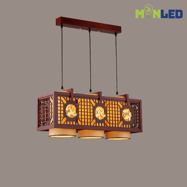 Đèn gỗ thả trần phòng thờ chao 3 bóng Phúc - Lộc - Thọ