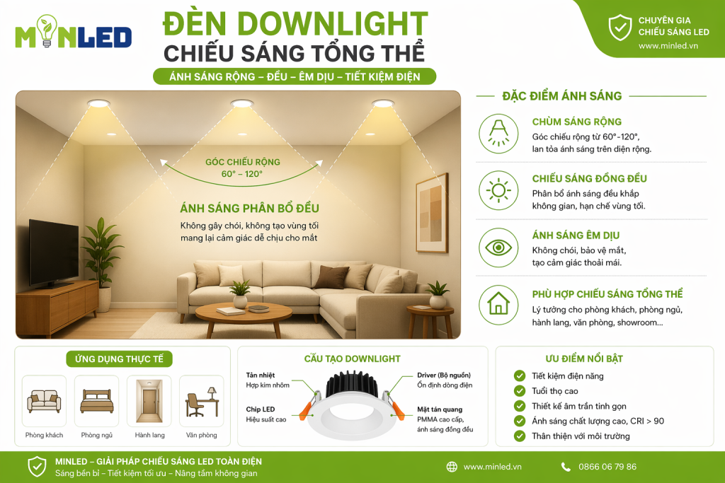 Đèn downlight cho ánh sáng tỏa đều và mềm mại
