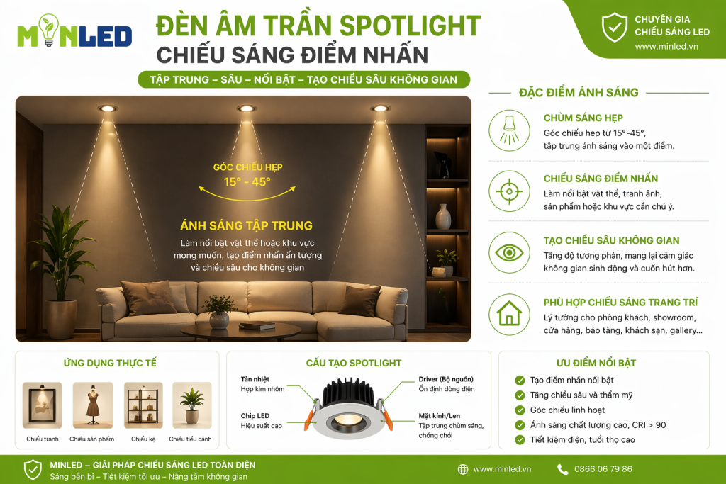 Đèn Spotlight có chùm sáng tập trung dạng hình nón, có thể linh hoạt điều chỉnh góc chiếu
