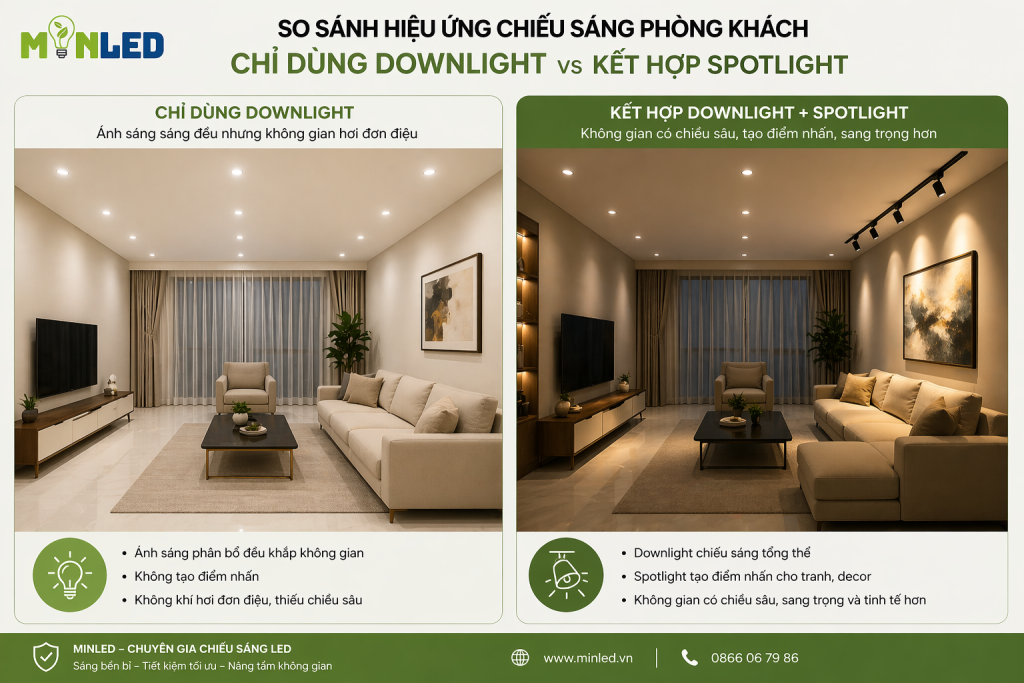 Sự khác biệt rõ ràng giữa 2 phòng khách khi dùng đèn Downlight và spotlight