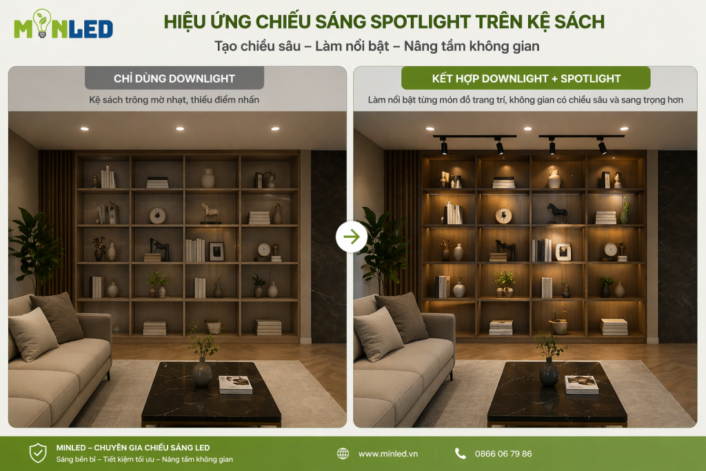 Sự khác biệt rõ ràng của kệ sách khi sử dụng hai loại đèn Downlight và Spotlight