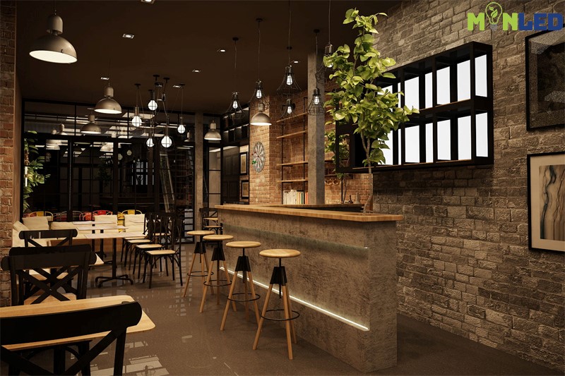 Đèn Spotlight kết hợp với Downlight và đèn thả cho quán Cafe