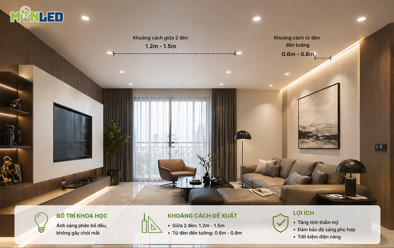 Bố trí đèn đúng số lượng và khoảng cách giúp không gian đủ sáng và tăng tính thẩm mỹ Bố trí đèn đúng số lượng và khoảng cách giúp không gian đủ sáng và tăng tính thẩm mỹ