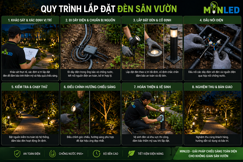 Quy trình thi công lắp đặt đèn sân vườn tại MINLED được thực hiện chuyên nghiệp, đảm bảo an toàn