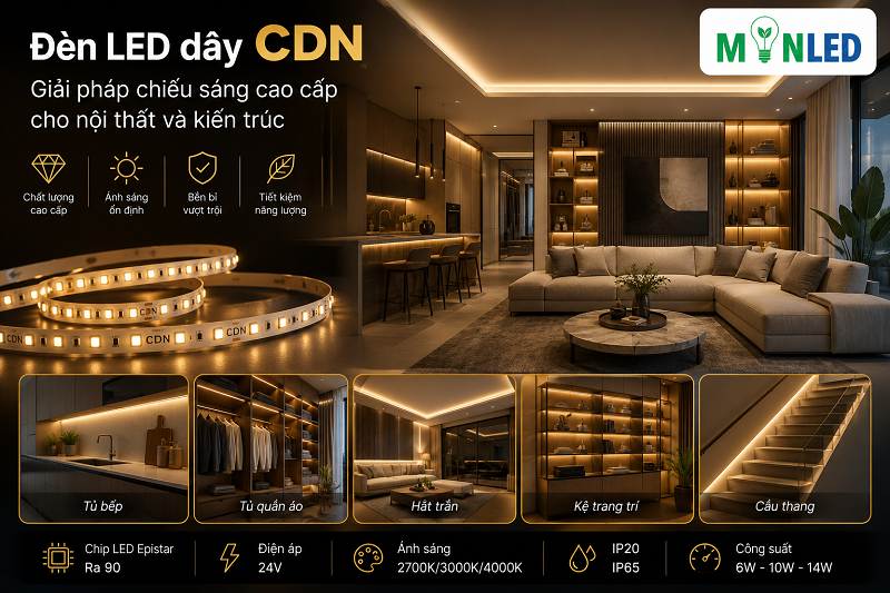Đèn LED dây CDN thuộc phân khúc cao cấp chuyên dùng cho không gian yêu cầu cao về chất lượng ánh sáng