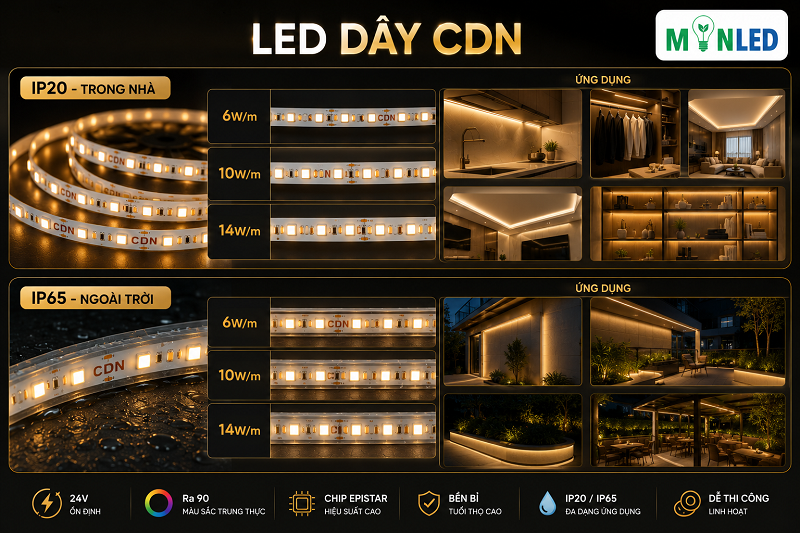 LED dây CDN bao gồm loại IP20 dùng trong nhà và IP65 dùng ngoài trời