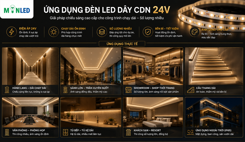 Điện áp 24V cho phép các dòng LED dây CDN sử dụng trong các công trình với diện tích lớn, chạy số lượng dây dài