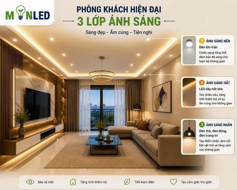 Không gian đảm bảo đủ sáng và thẩm mỹ khi kết hợp 3 lớp ánh sáng
