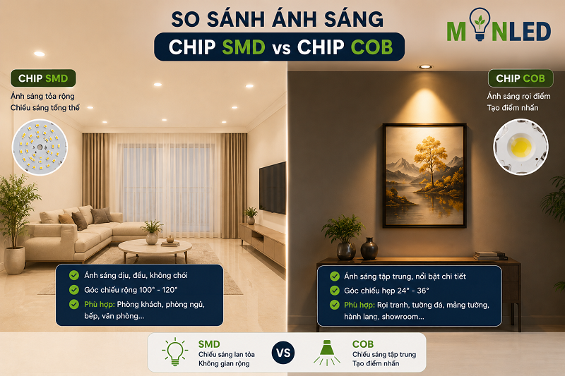 Chip SMD cho ánh sáng tán quang dịu nhẹ, trong khi chip COB mang lại nguồn ánh sáng chiếu điểm, tập trung