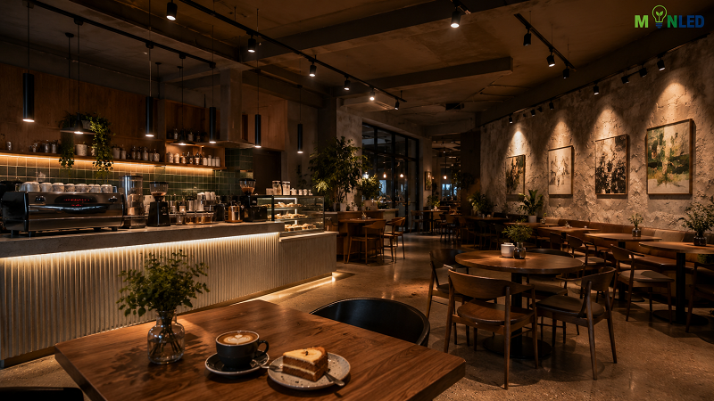 Đèn rọi ray nếu được bố trí hợp lý sẽ giúp không gian quán cafe tăng chiều sâu và góp phần thu hút khách hàng