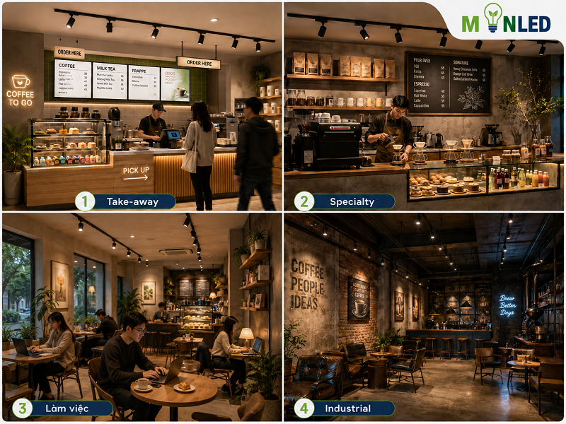 Mô hình quán cafe khác nhau sẽ có cách bố trí đèn khác nhau 