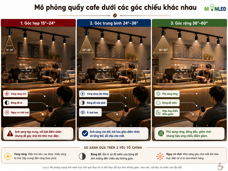 Hình ảnh mô phỏng các góc chiếu của đèn rọi ray sẽ tạo ra hiệu ứng ánh sáng khác nhau
