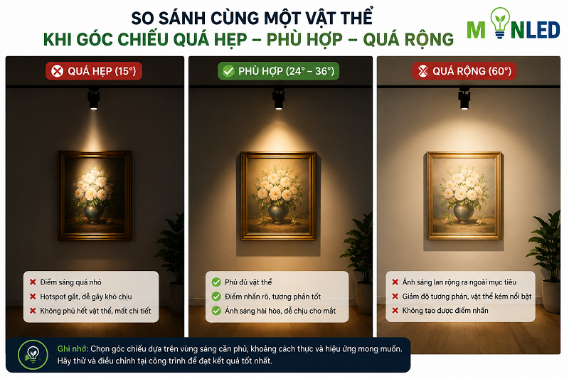 Lựa chọn sai góc chiếu đèn sẽ góp phần làm cho vật thể chiếu sáng bị nhạt nhòa, kém nổi bật Lựa chọn sai góc chiếu đèn sẽ góp phần làm cho vật thể chiếu sáng bị nhạt nhòa, kém nổi bật