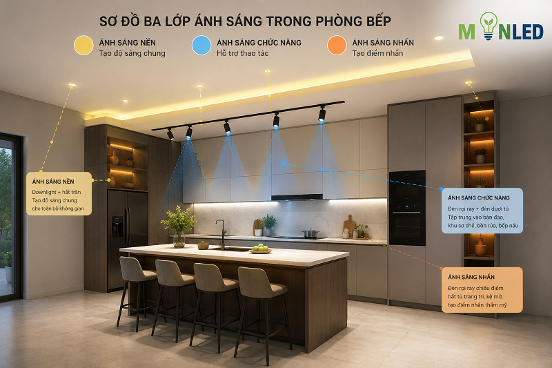 Cách bố trí đèn rọi ray cho phòng bếp