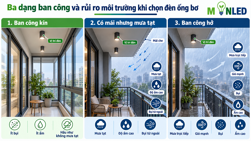 Khi lắp đèn ống bơ ngoài ban công cần đánh giá các yếu tố rủi ro về môi trường để lựa chọn đèn phù hợp, đảm bảo an toàn và độ bền