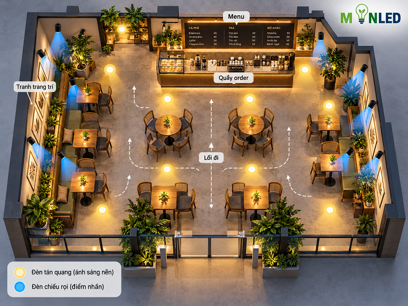 Sơ đồ minh họa mặt bằng quán cafe và các vị trí bố trí đèn phù hợp