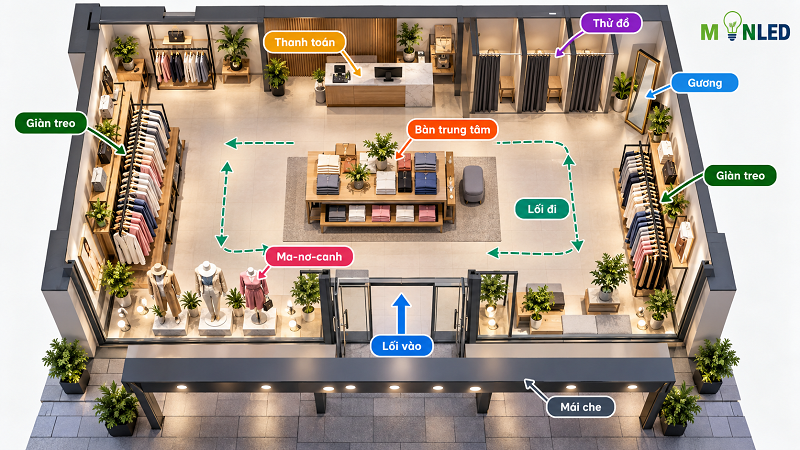 Sơ đồ minh họa những vị trí cần khảo sát khi setup ánh sáng cho shop thời trang Sơ đồ minh họa những vị trí cần khảo sát khi setup ánh sáng cho shop thời trang