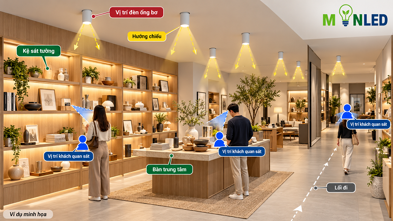 Cần khảo sát thực tế không gian trước khi lựa chọn loại đèn để đảm bảo hiệu quả ánh sáng và tính thẩm mỹ cho showroom của bạn