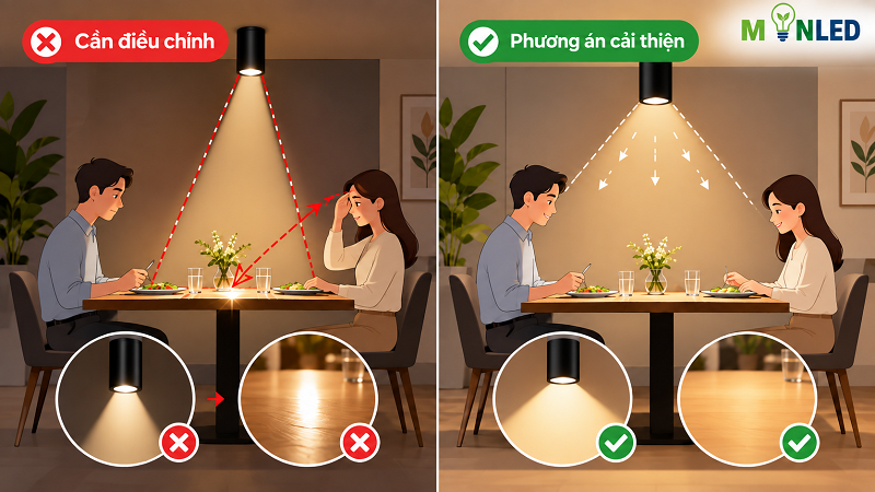 Góc chiếu của đèn ảnh hưởng rất lớn đến sự thoải mái của người ngồi do vậy cần chú ý khi lắp đặt đèn ống bơ tại bàn ăn